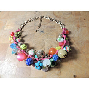 Colorful Beaded Charm Necklace Boho Different Textures Shapes Vintage Statement